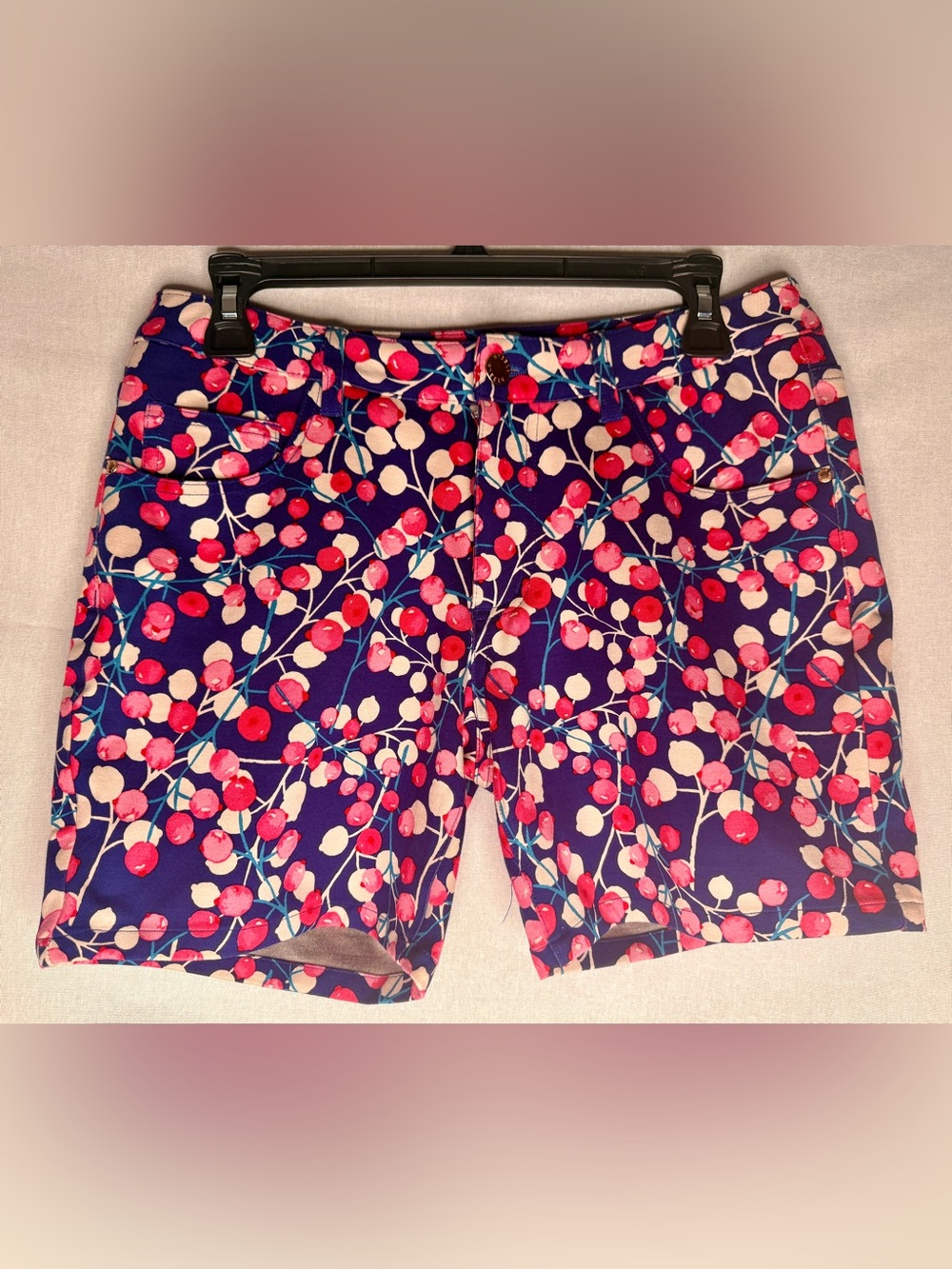 Men's Navy Flat Front Shorts with Pink Cherry Blossom Print Size 30